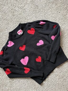 kate spade Black Crewneck Sweater with Pink and Red Hearts
